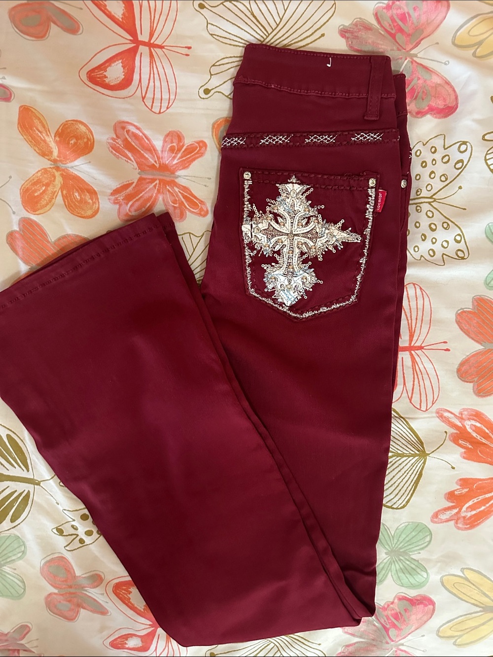 Women’s Boot Cut Jeans in Deep Burgundy with Embroidered Pocket